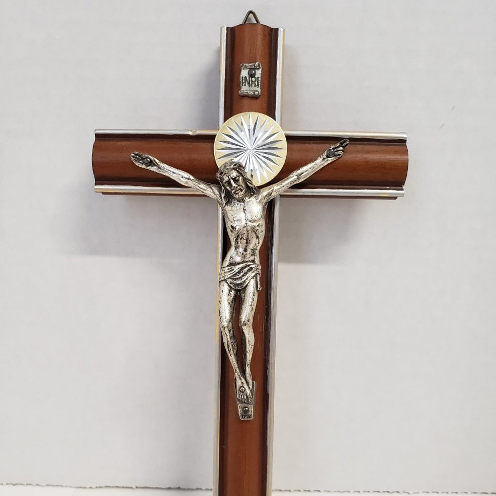 Wood Crucifix ,Silver Resin Corpus Wall Cross 8" - Picture 5 of 5